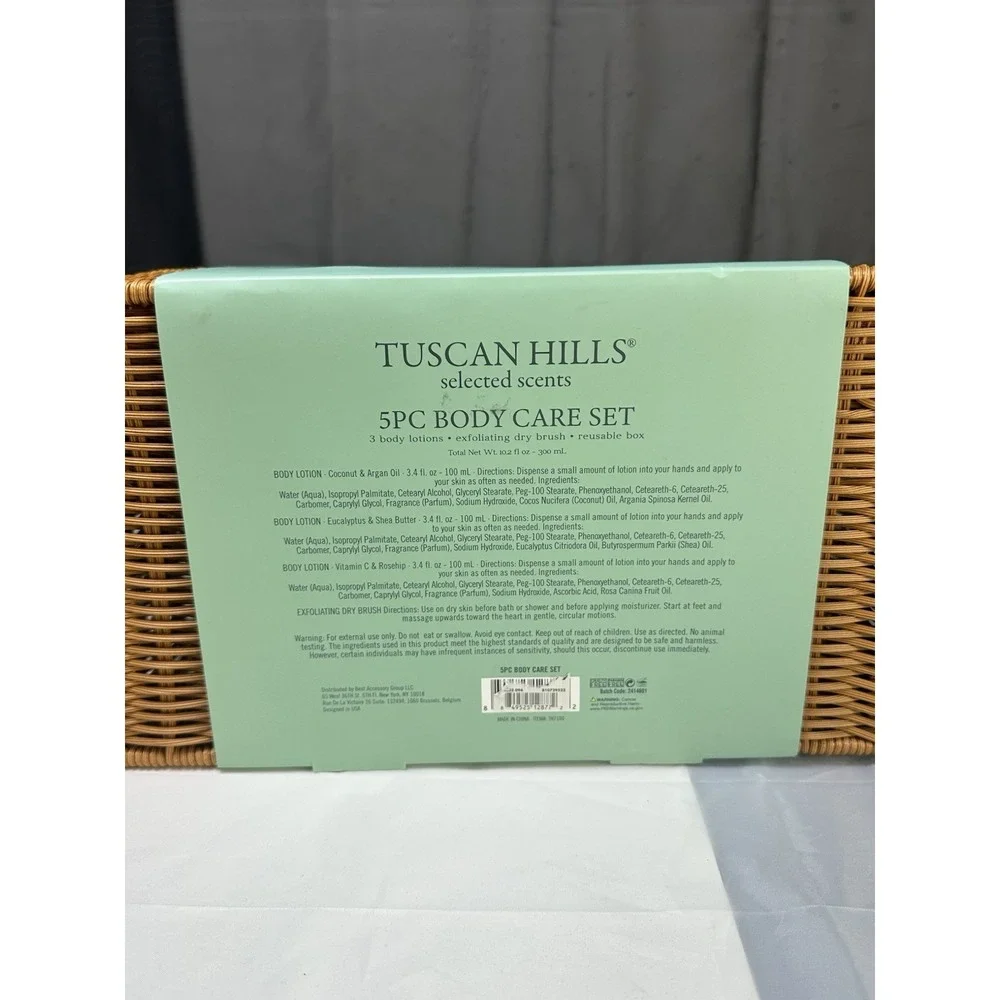 Tuscan Hills 5 pc Body Care Set with Exfoliating‎ Brush & Storage Basket New